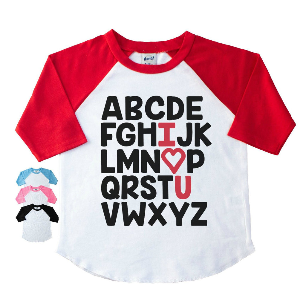 Red sleeve infant, toddler, and youth raglan with the Alphabet in black and I heart U highlighted in red 