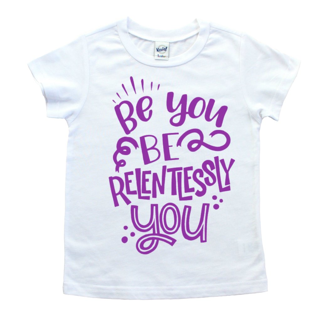 White shirt with Be Relentlessly You in purple