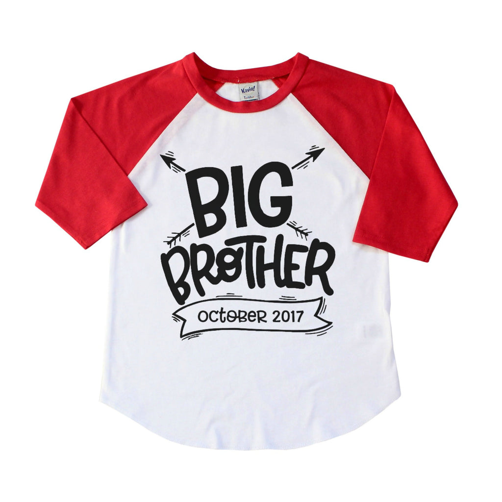 Red sleeve raglan with Big Brother and due date in banner in black 