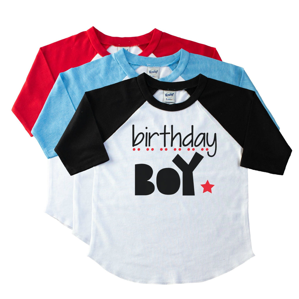 Black youth raglan tee with Birthday Boy in black with red star and dots
