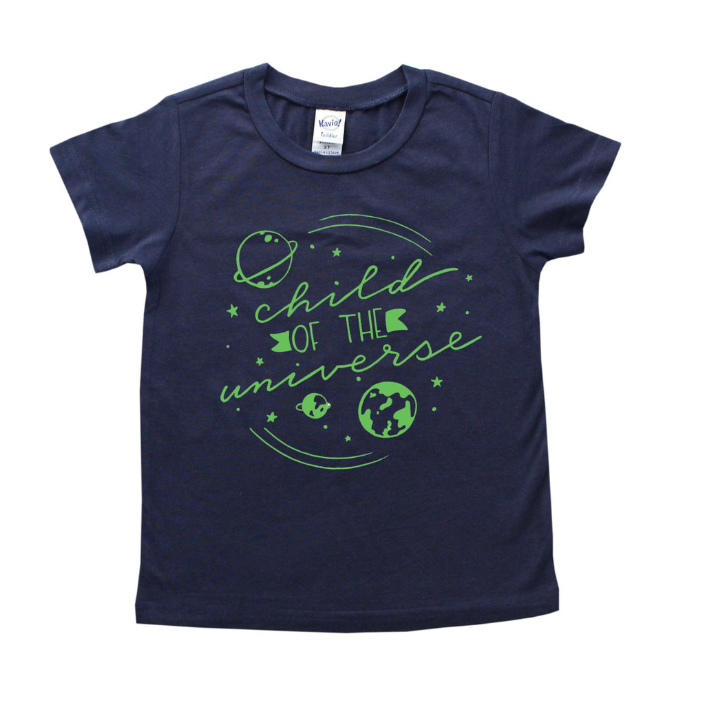 Navy blue shirt with Child of the Universe and planet images in green