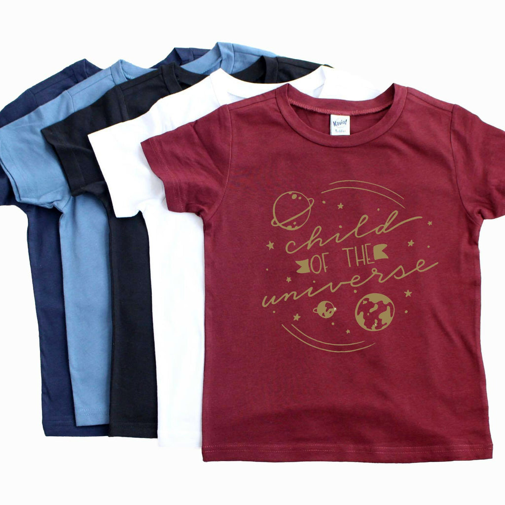 Wine colored shirt with Child of the Universe in gold with space images