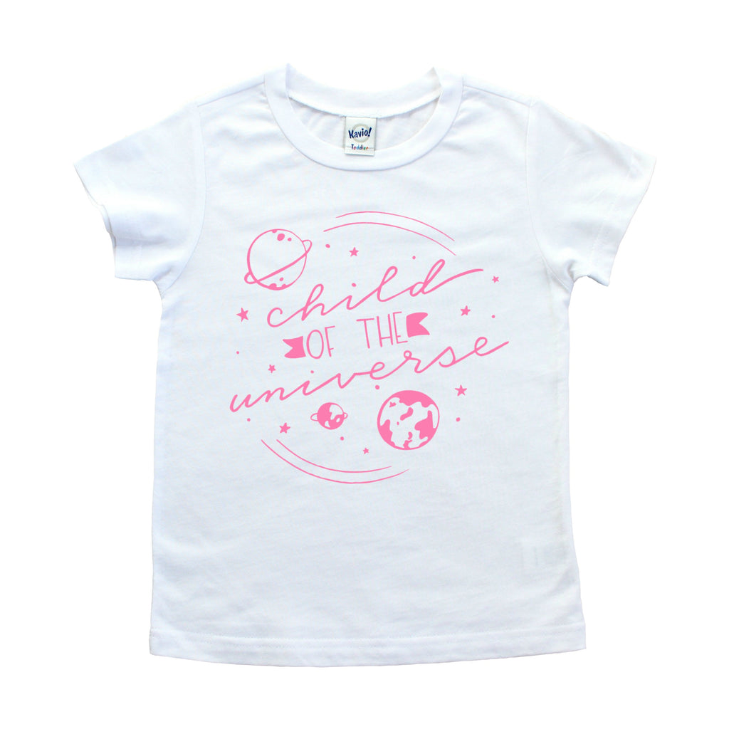 White shirt with Child of the Universe and planetary images in pink 