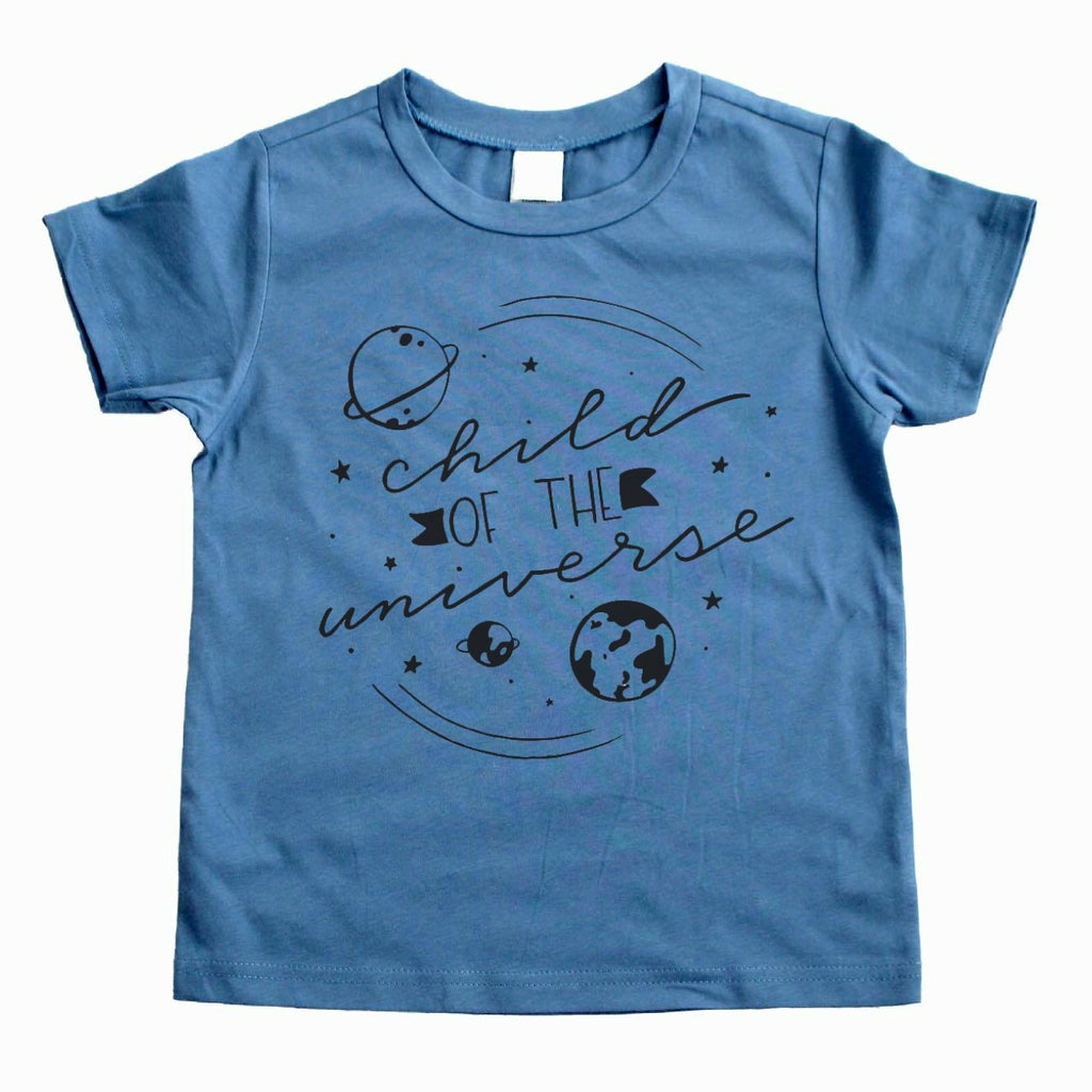 Steel blue shirt with Child of the Universe in black with solar system image