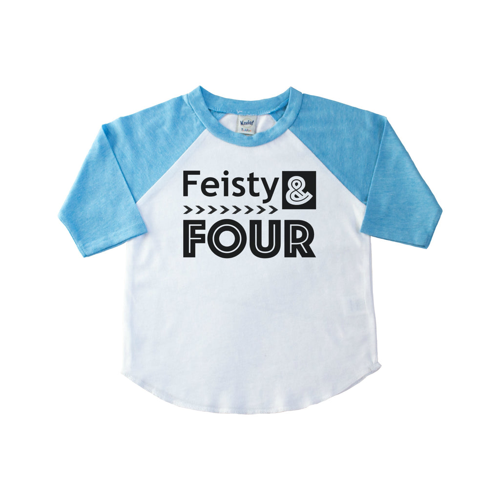 Blue sleeve child's raglan tee with Feisty and Four in black on the front