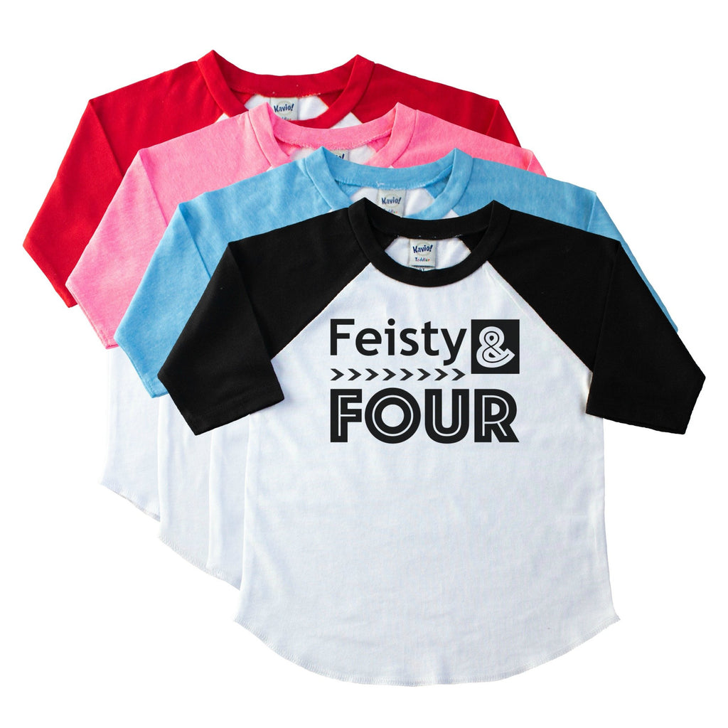 Black sleeve youth raglan atop an array of shirt colors with Feisty and Four in bold black on the front