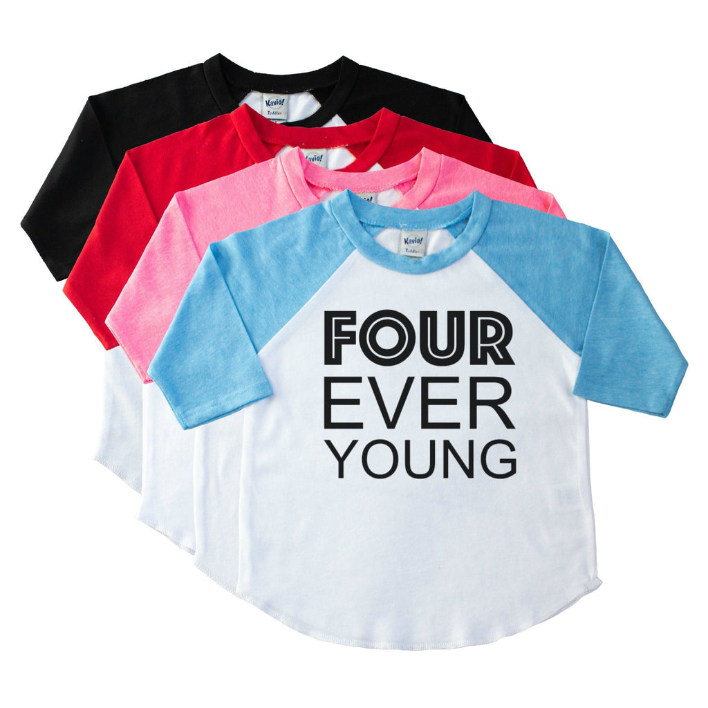 Toddler blue sleeve raglan tee with Four Ever Young in black on the front