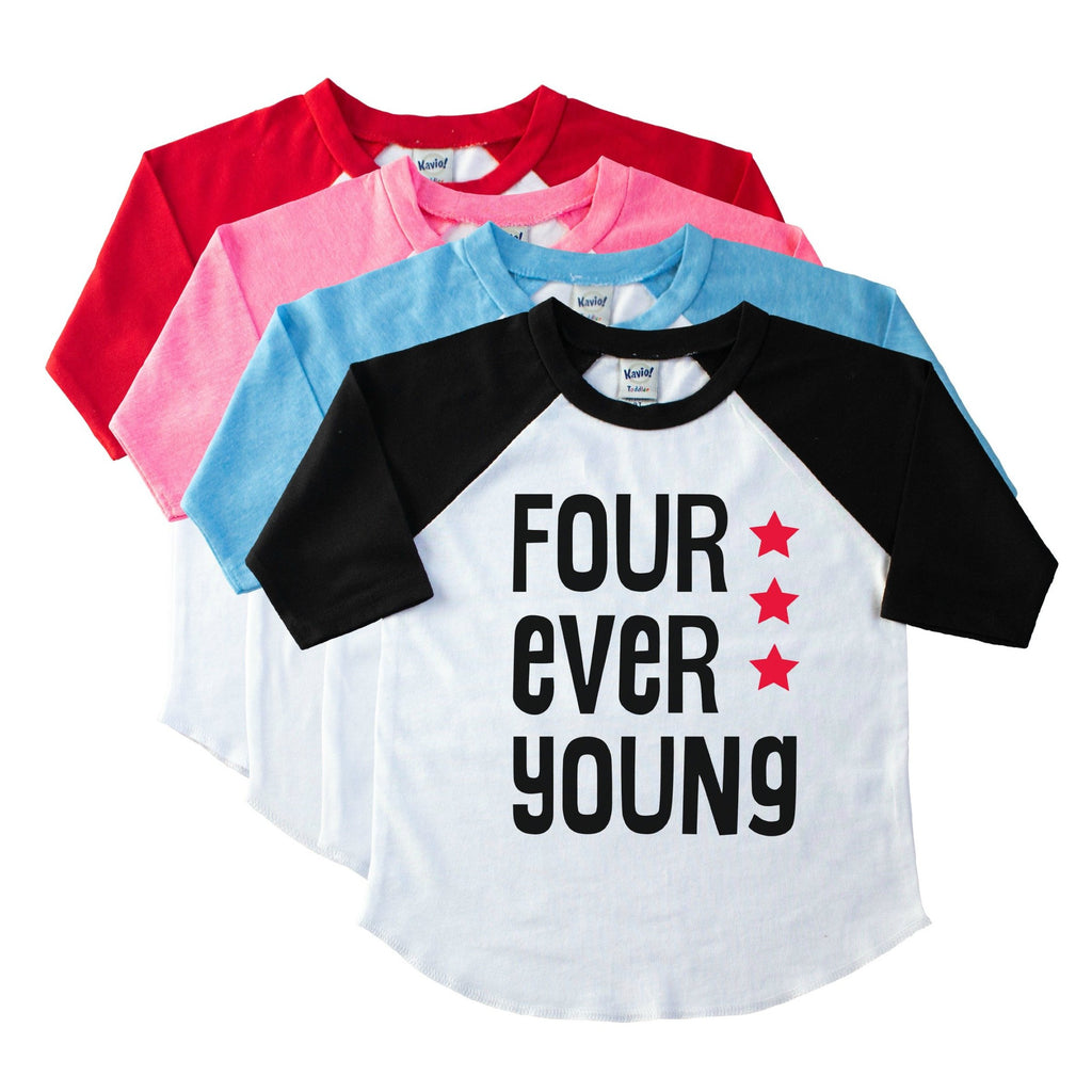 Array of youth raglans with black sleeve on top and Four Ever Young in Black with red stars