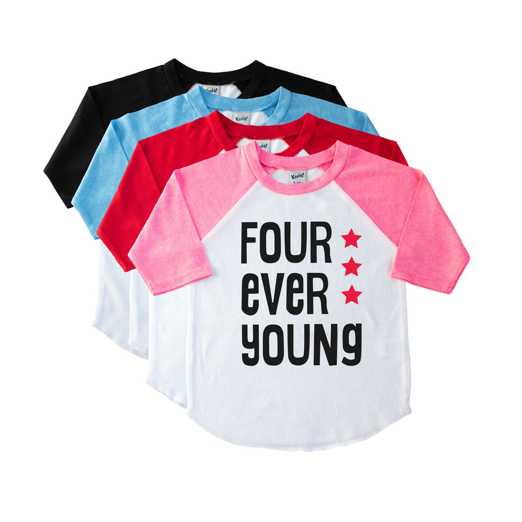 Pink sleeve child's raglan with Four Ever Young in black with red stars