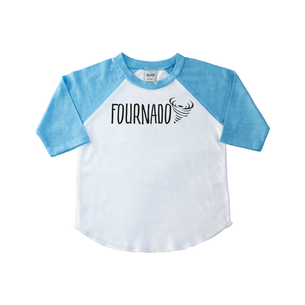 Children's blue sleeve raglan with Fournado and a tornado on the front in black