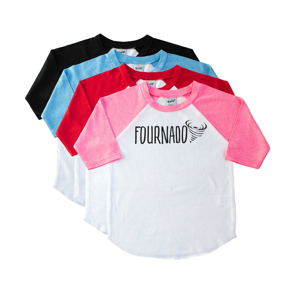 Kid's pink sleeve raglan with Fournado and a tornado in black on the front 