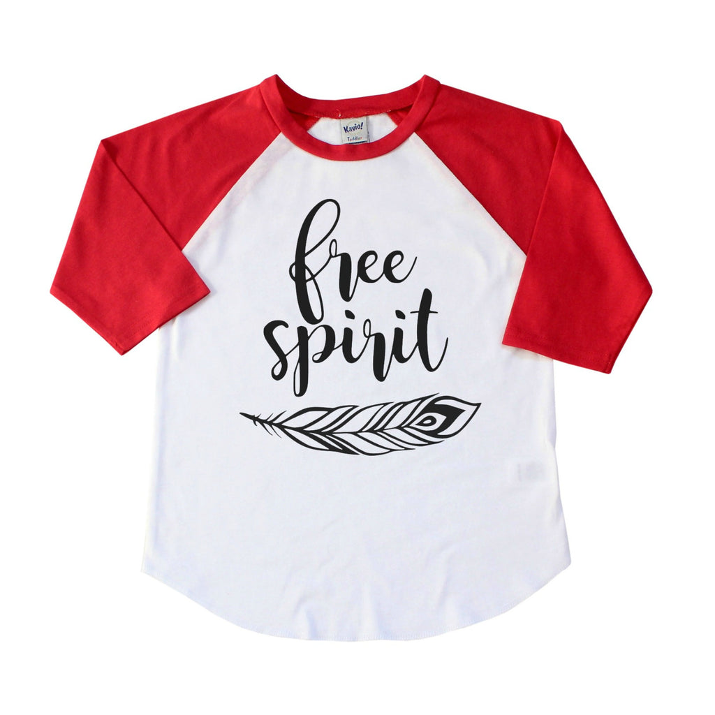 Red sleeve raglan with Free Spirit and feather below in black