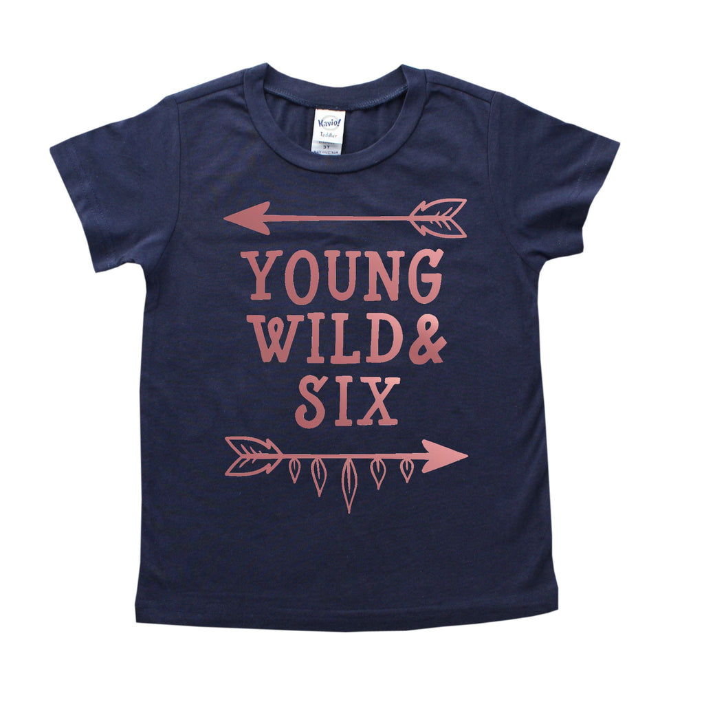 Navy blue shirt with young wild and six in rose gold