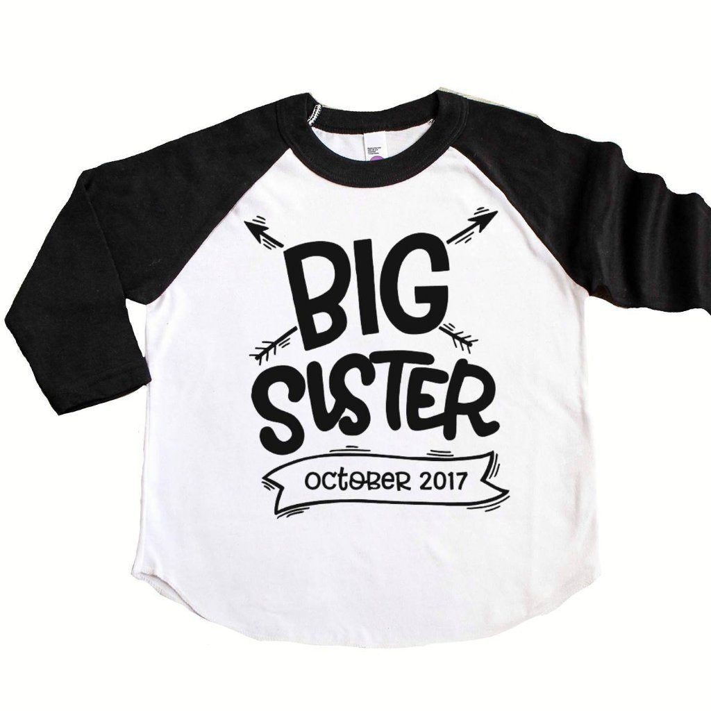 Black sleeve raglan with Big Sister and due date in black