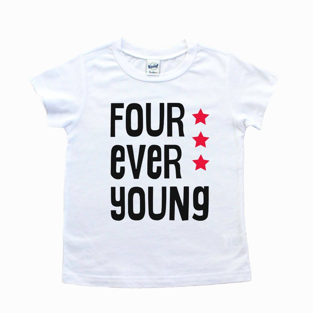 White tee with four ever young in black with red stars