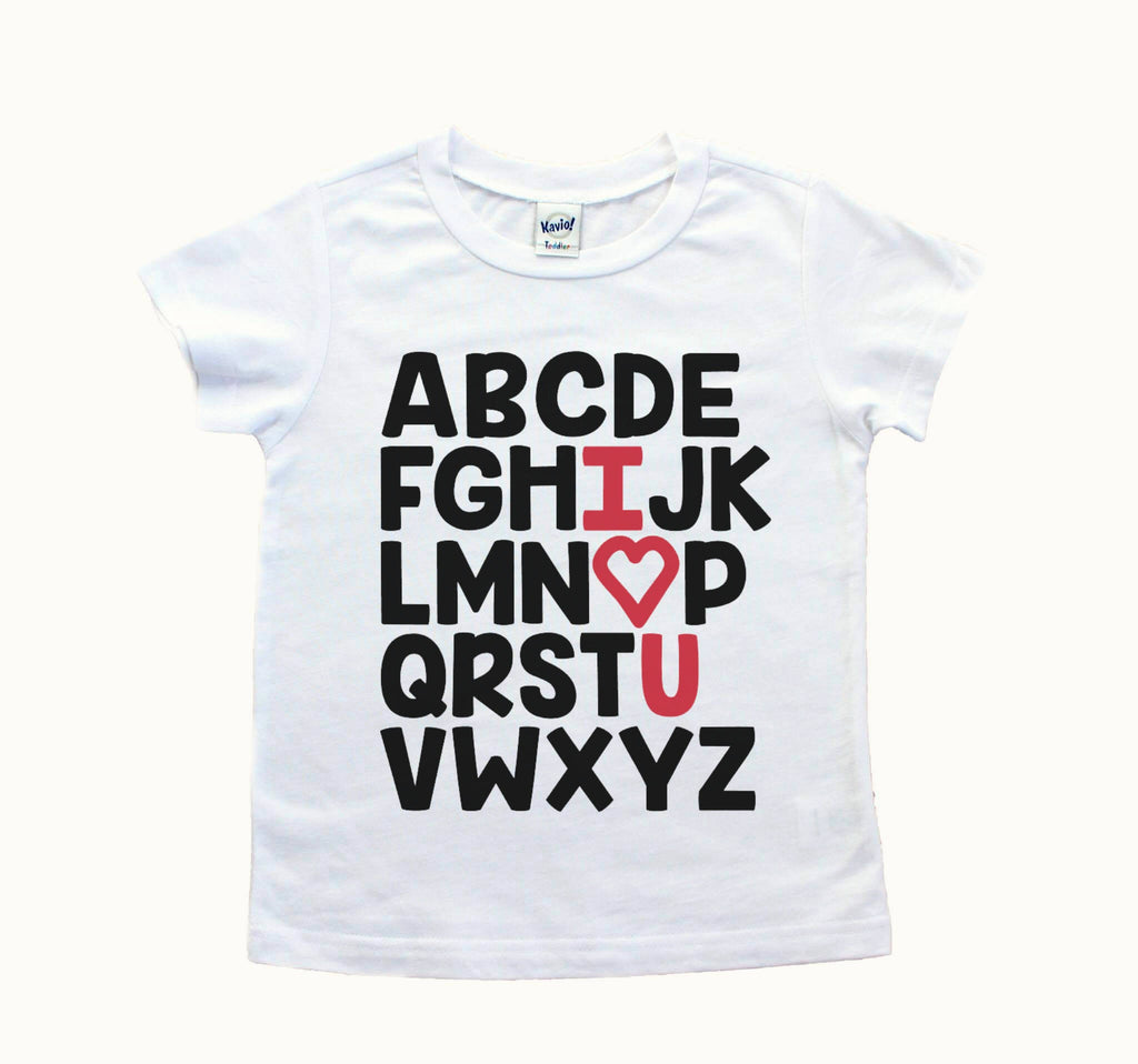 White tee with black alphabet and I heart U in red
