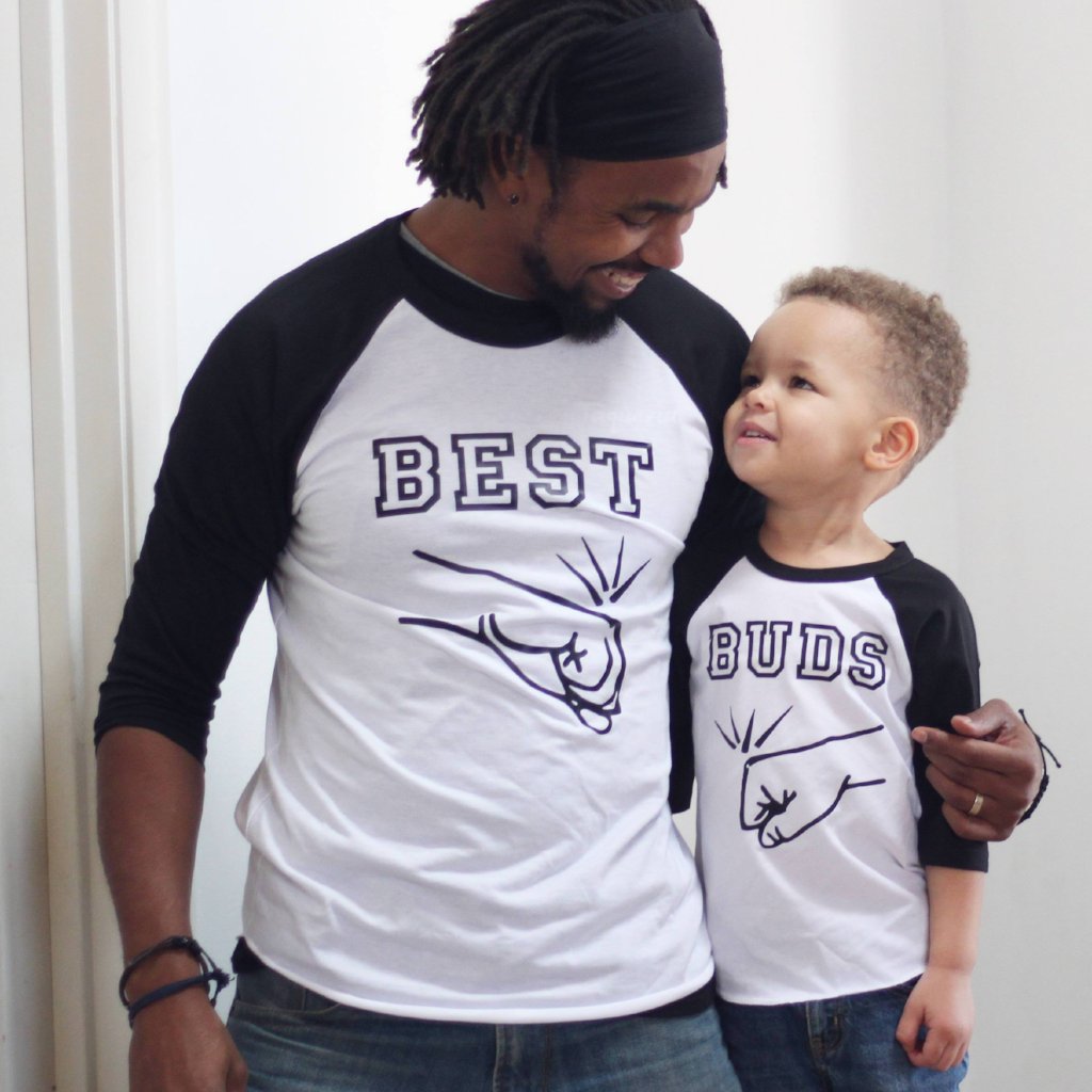Father and son wearing matching fist bump best buds raglan tees