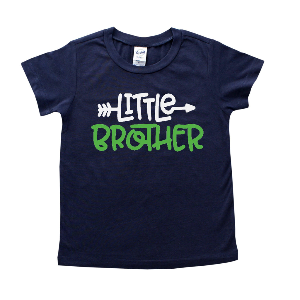 navy blue shirt with Little brother in white and green