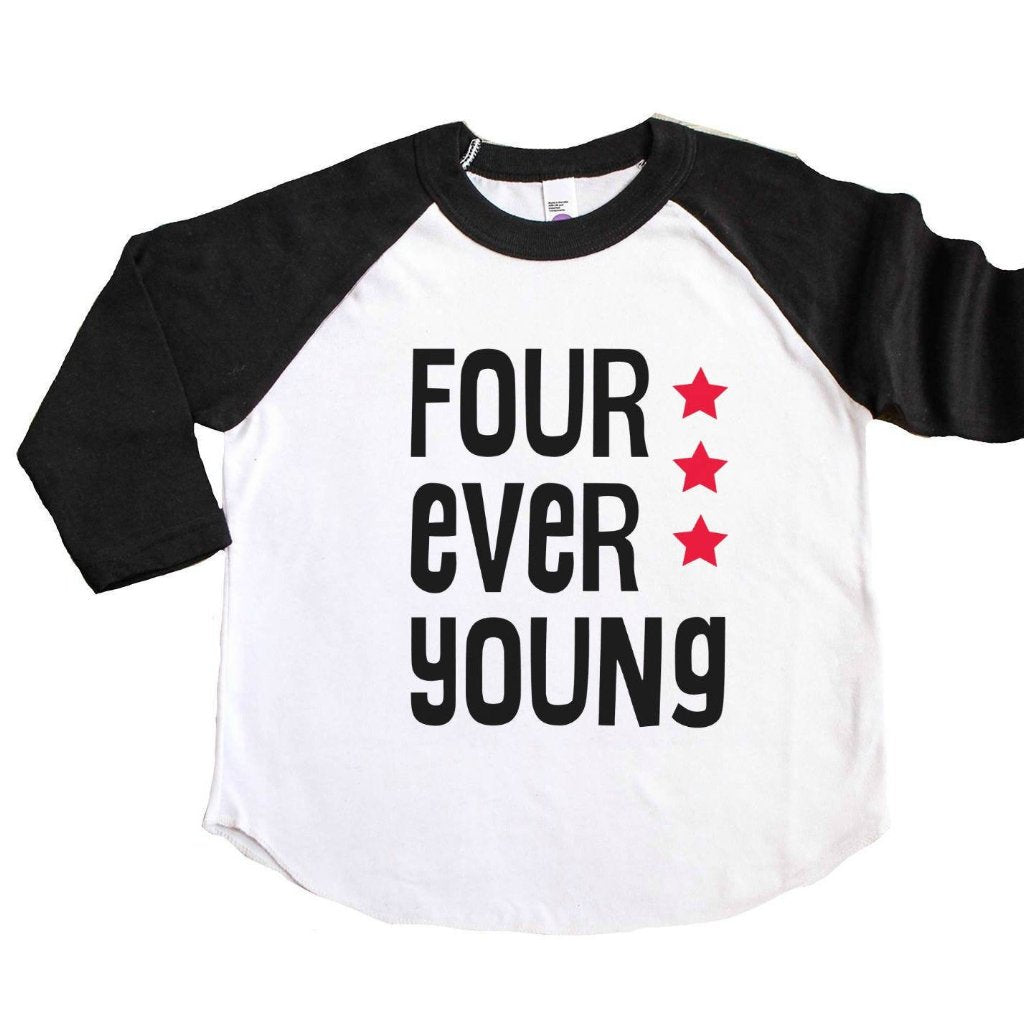 Black sleeve raglan with four ever young written in black with red stars