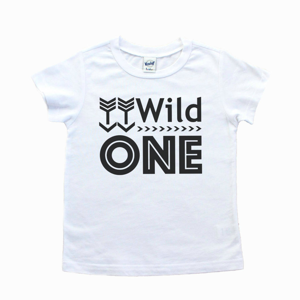 White short sleeve tee with wild one written in black