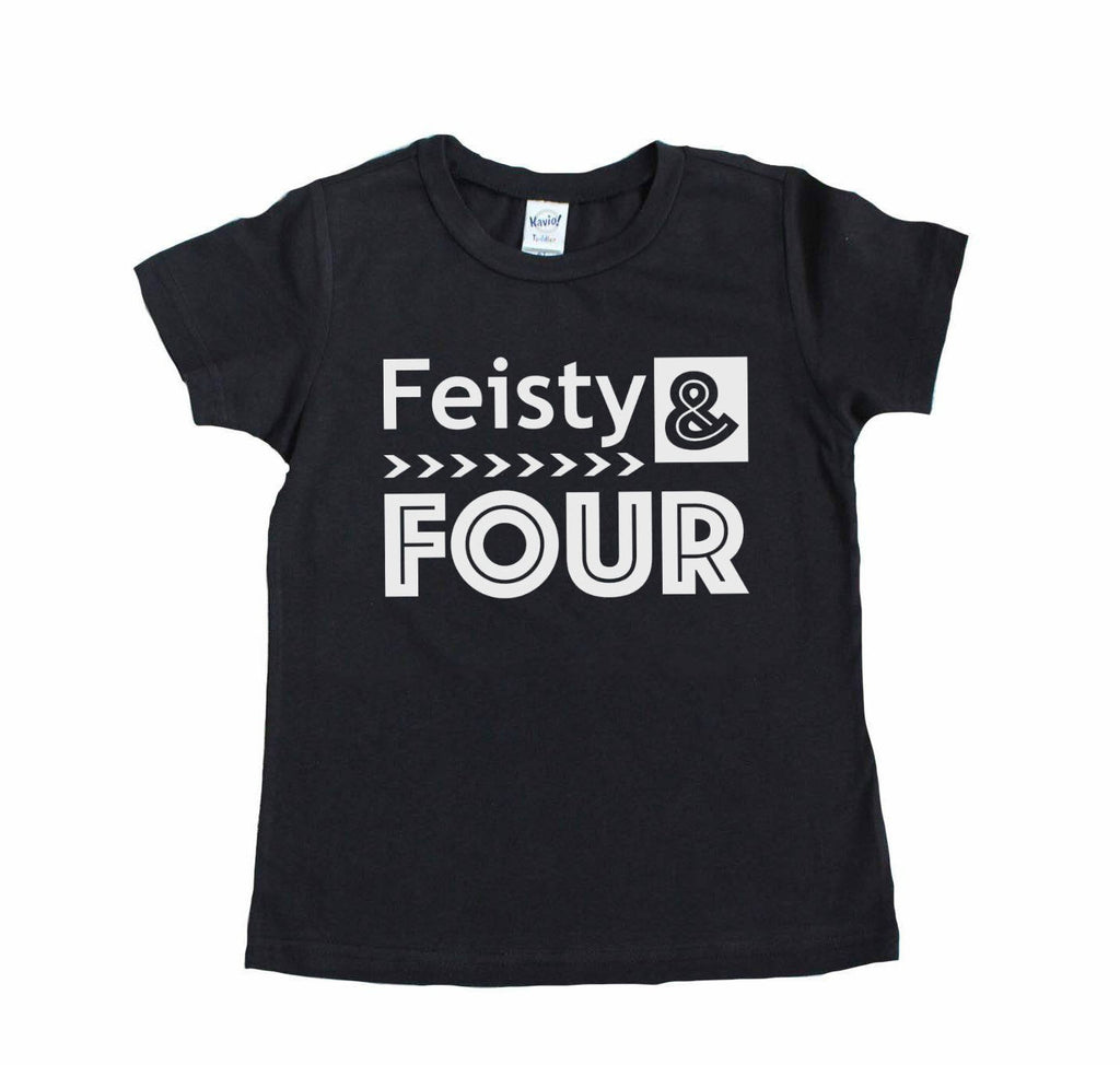 Black tshirt with feisty and four written in white