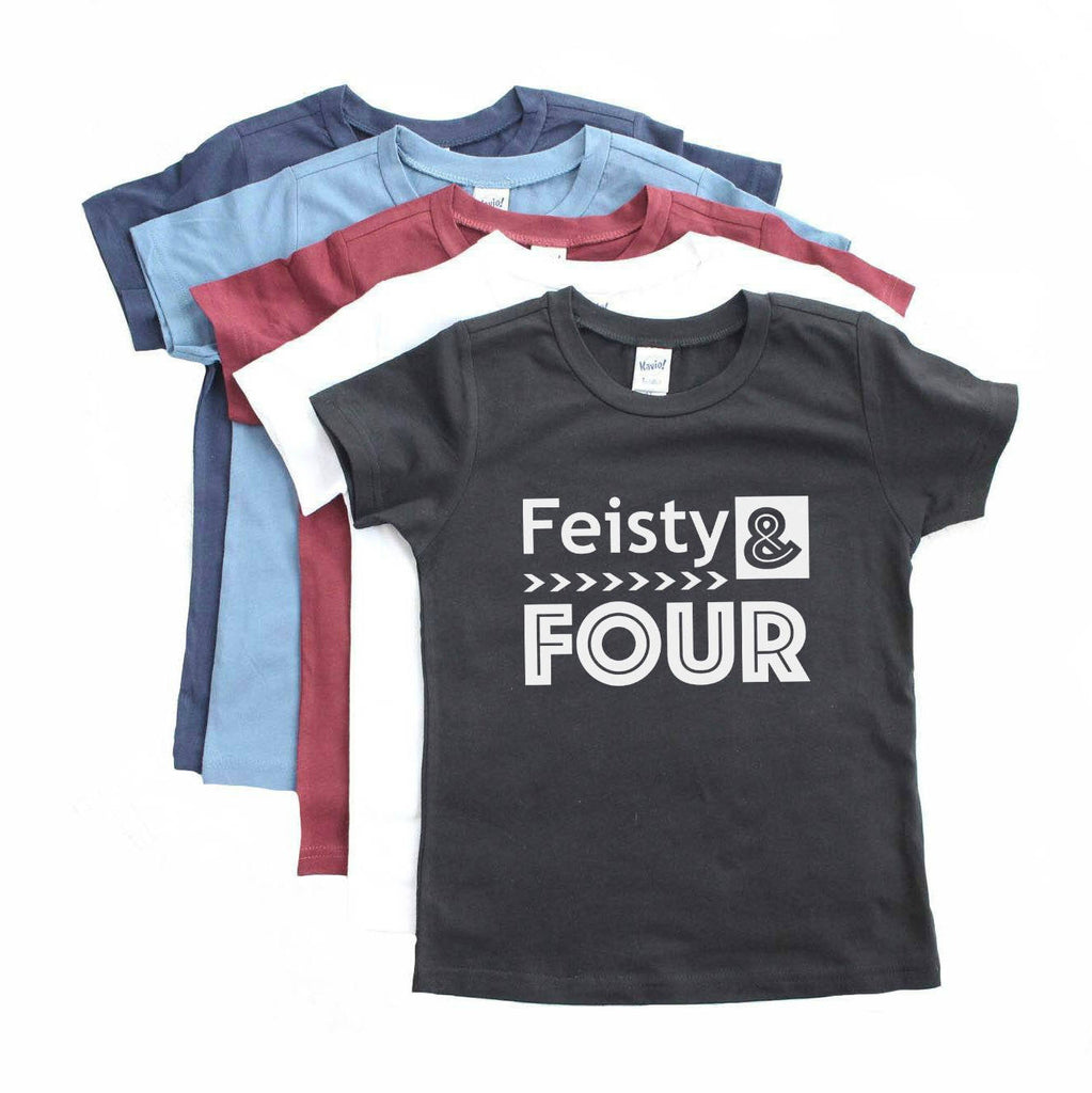 Array of shirt color with feisty and four written in white