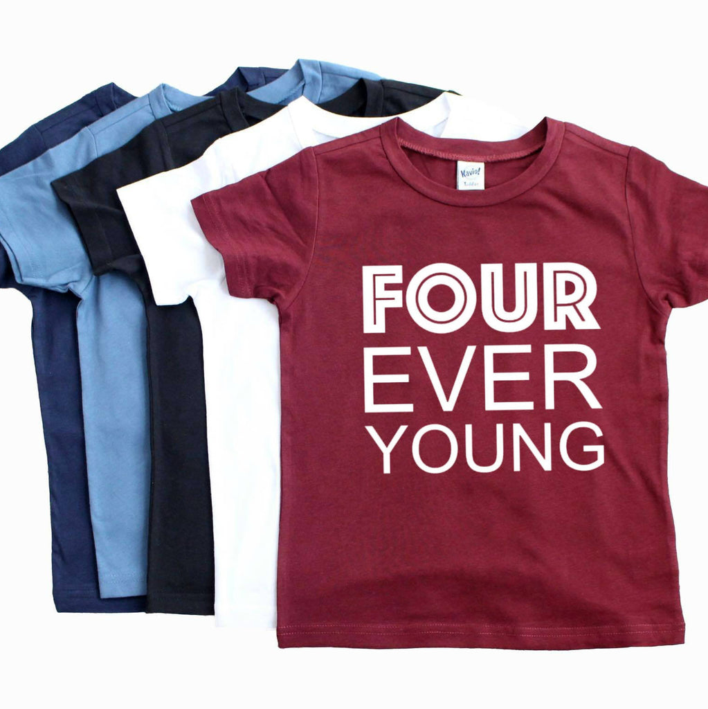 Maroon tshirt with four ever young written in white