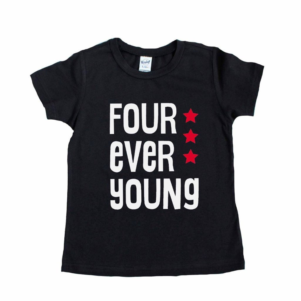 Black tee with four ever young in white with red stars