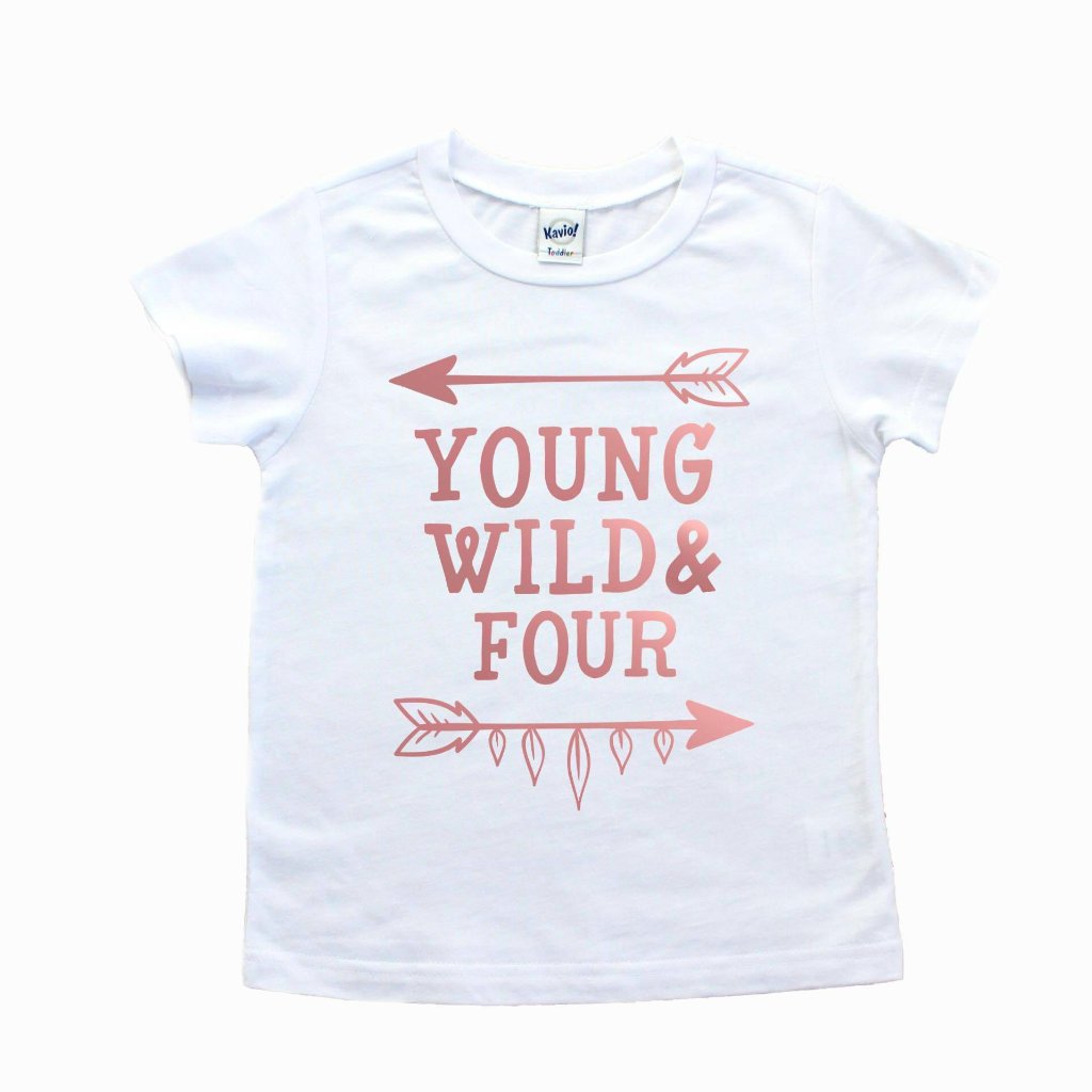 White short sleeve shirt with rose gold young wild and four written on front