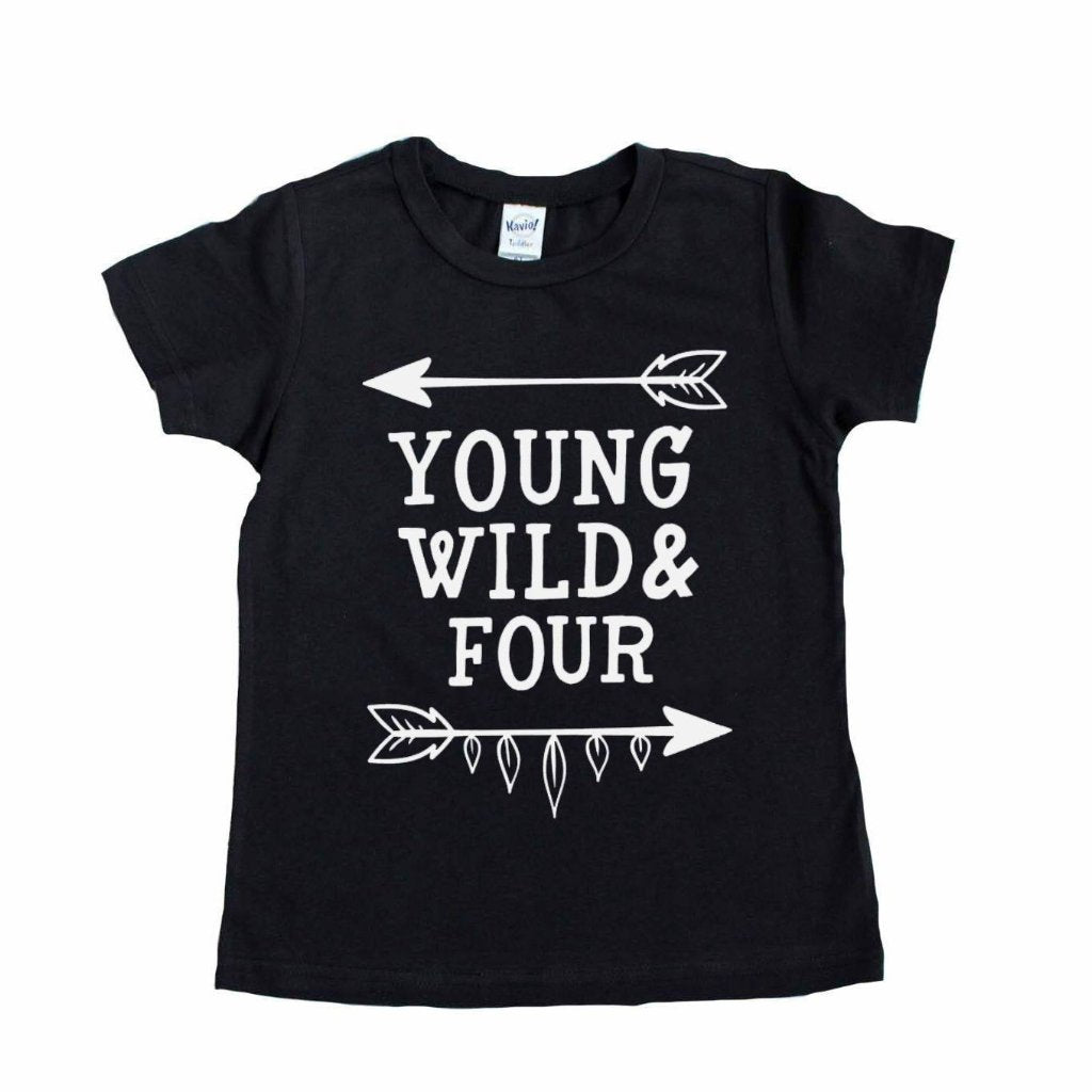 Black short sleeve shirt with young wild and four written in white