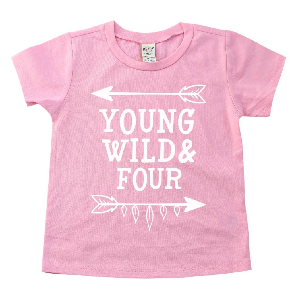 Pink shirt with white young wild four lettering