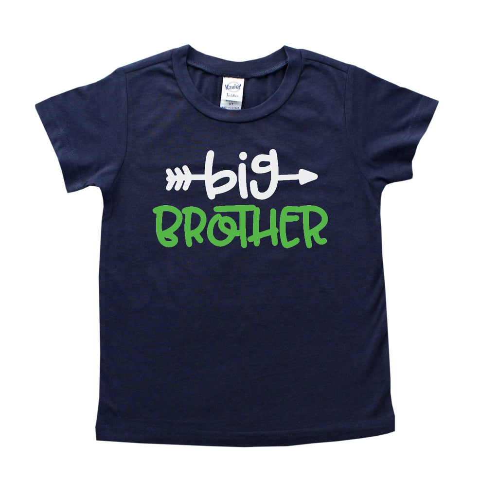 Navy blue shirt with big brother written in white and green
