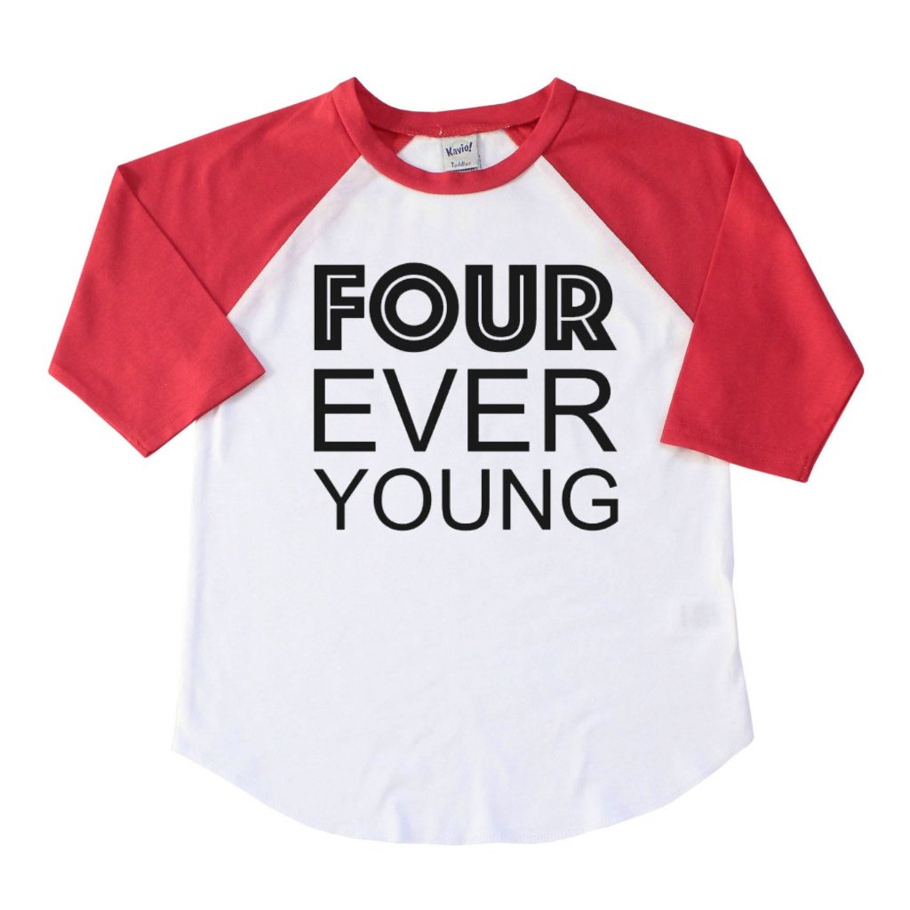 Red sleeve raglan with four ever young written in black