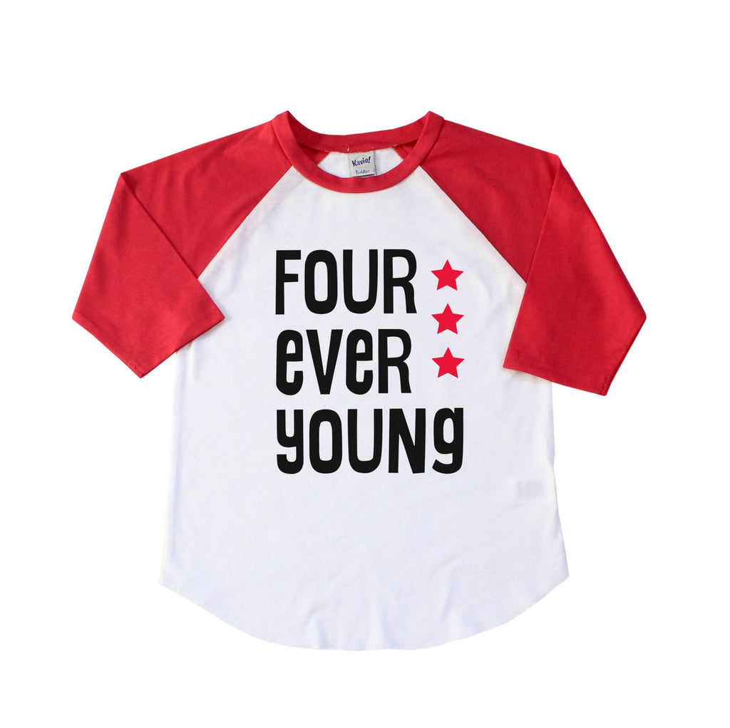 Red sleeve raglan with four ever young written in black with red stars