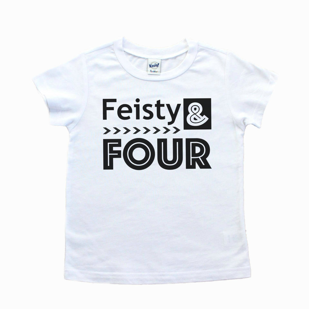 White short sleeve shirt with feisty and four in black lettering