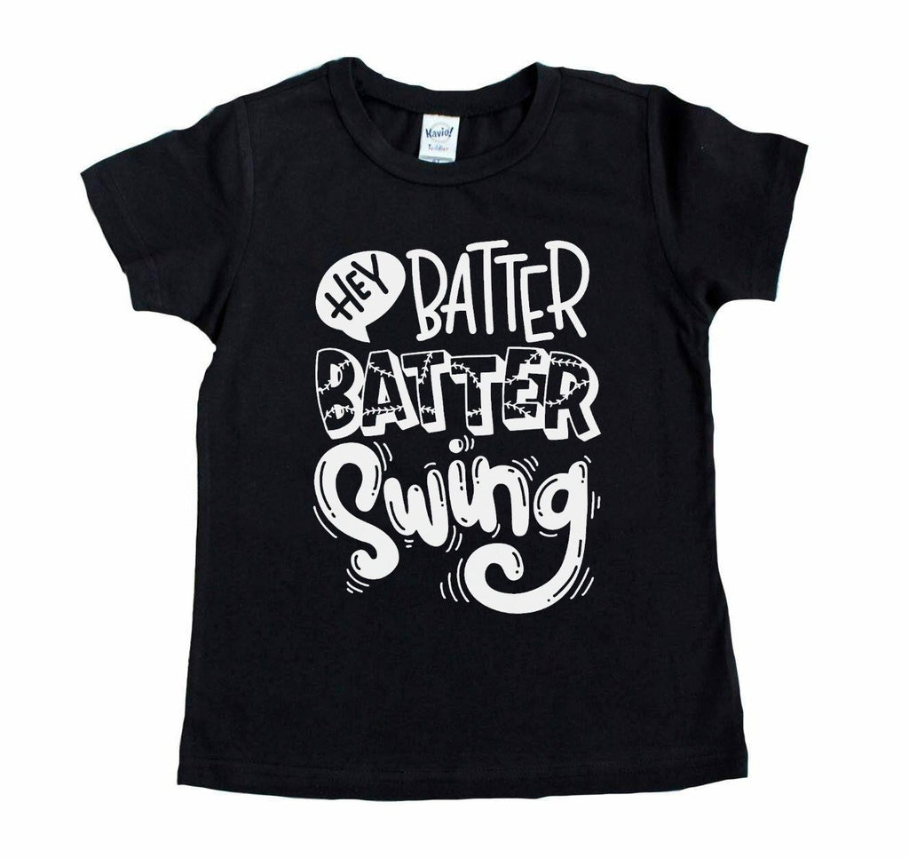 Black tee with Hey Batter Batter Swing in white on front